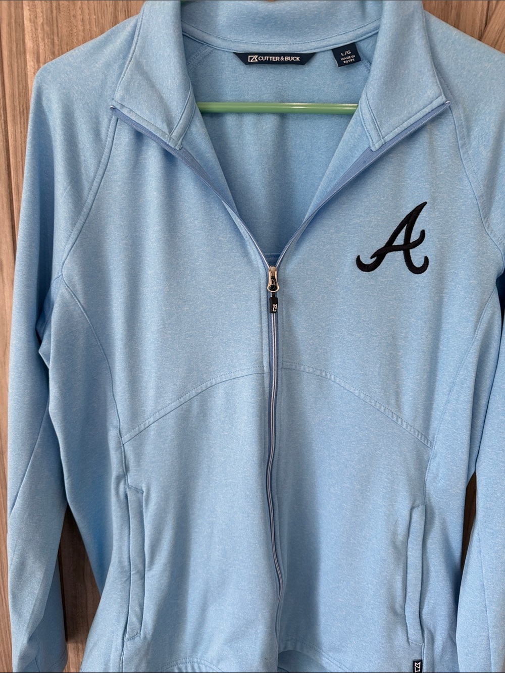 Atlanta Braves Cutter & Buck Light Blue Full‑Zip Jacket with Black Script A